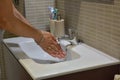 hands under the faucet. Detail of the hygiene concept. Washing hands with soap under the faucet with water