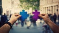 Hands unite puzzle jigsaw pieces Royalty Free Stock Photo