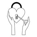 Hands unlocking heart padlock black and white