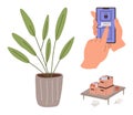 Hands Unlocking Smartphone, Potted Plant, and Document Storage on Table Royalty Free Stock Photo