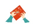 Hands unpacking parcel or mail envelope, flat vector illustration isolated.