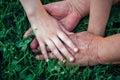 Hands unrecognizable grandmother and her granddaughter on green grass. Hands of elderly woman and young girl, close-up. Age