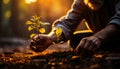 Hands of unrecognized adult man holding a sapling. Planting a fruit garden. Blurred backdrop. Generative AI