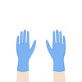 Hands up with blue nitrile medical gloves. Personal protective equipment. Prevention against viruses, bacteria, flu, coronavirus. Royalty Free Stock Photo