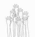 Hands up concert. Monochrome cartoon silhouette hands raised up in the air. Suitable for posters, flyers, banners.Vector