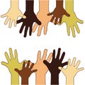 Hands up of different races, colors, nationalities.