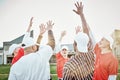 Hands up, motivation or baseball people in huddle with support, hope or faith on sports field in game together. Teamwork Royalty Free Stock Photo