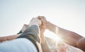Hands up, motivation or sports men in huddle with support, hope or faith on baseball field in game together. Teamwork Royalty Free Stock Photo
