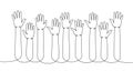 Hands up one line continuous drawing. Public opinion, user feedback continuous one line illustration. Vector minimalist