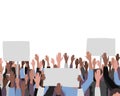 Hands up pattern with banners. Public protest illustration
