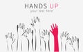 Hands up silhouette. Monochrome cartoon hands raised up in the air, the emphasis in the form of a red hand. Royalty Free Stock Photo