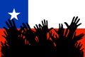 Hands up silhouettes on a Chile flag. Crowd of fans of soccer, games, cheerful people at a party. Vector banner, card, poster