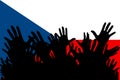 Hands up silhouettes on a Czech flag. Crowd of fans of soccer, games, cheerful people at a party. Vector banner, card, poster