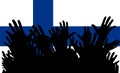 Hands up silhouettes on a Finn flag. Crowd of fans of soccer, games, cheerful people at a party. Vector banner, card, poster