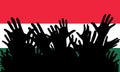 Hands up silhouettes on a Hungary flag. Crowd of fans of soccer, games, cheerful people at a party. Vector banner, card, poster Royalty Free Stock Photo