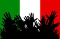 Hands up silhouettes on a Italy flag. Crowd of fans of soccer, games, cheerful people at a party. Vector banner, card, poster