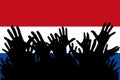 Hands up silhouettes on a Netherlands flag. Crowd of fans of soccer, games, cheerful people at a party. Vector banner, card,