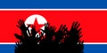 Hands up silhouettes on a North Korea flag. Crowd of fans of soccer, games, cheerful people at a party. Vector banner, card,