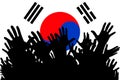 Hands up silhouettes on a South Korea flag. Crowd of fans of soccer, games, cheerful people at a party. Vector banner, card,