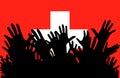 Hands up silhouettes on a Switzerland flag. Crowd of fans of soccer, games, cheerful people at a party. Vector banner, card,