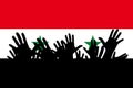 Hands up silhouettes on a Syria flag. Crowd of fans of soccer, games, cheerful people at a party. Vector banner, card, poster