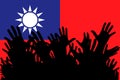 Hands up silhouettes on a Taiwan flag. Crowd of fans of soccer, games, cheerful people at a party. Vector banner, card, poster