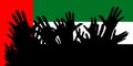 Hands up silhouettes on a UAE flag. Crowd of fans of soccer, games, cheerful people at a party. Vector banner, card, poster