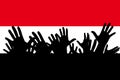 Hands up silhouettes on a Yemen flag. Crowd of fans of soccer, games, cheerful people at a party. Vector banner, card, poster