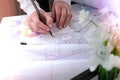 Hands use pencil with a protractor. Architectural Project drawings with tools. Architects workplace. Engineering Interior designer Royalty Free Stock Photo