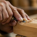 Hands using a chisel to carve a detailed pattern into a block of wood. The chisel\'s Royalty Free Stock Photo