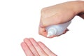 Hands using cosmetic liquid soap nasal spray and eye drops close up Royalty Free Stock Photo