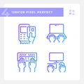 Hands using devices pixel perfect gradient linear vector icons set Royalty Free Stock Photo