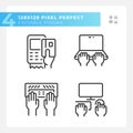 Hands using devices pixel perfect linear icons set Royalty Free Stock Photo