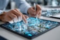 Hands using digital tablet with futuristic city projection Royalty Free Stock Photo