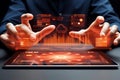 Hands using digital tablet with glowing data analytics dashboard and futuristic interface for business and technology Royalty Free Stock Photo