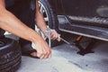 Hands using hydraulic jack - car maintenance concept. Car tire changed for maintenance in garage