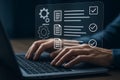 Hands using laptop with checklist and gears interface Royalty Free Stock Photo