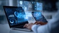 hands using laptop with holographic digital interface showing data analytics artificial intelligence and global cyber security Royalty Free Stock Photo