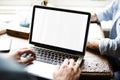 Hands Using Laptop Notebook Showing Blank Design Space Screen De