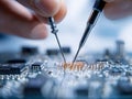 Hands using precision probes to test and analyze electronic components on a circuit board for quality control and troubleshooting Royalty Free Stock Photo