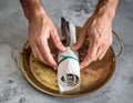 Hands Using Rolling Pin to Prepare Dough on Baking Tray Royalty Free Stock Photo