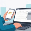 Hands using a smartphone with email notification and laptop with spreadsheet for modern business and communication concept Flat st Royalty Free Stock Photo