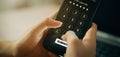 Hands using smartphone and enter password to login application. Username, password with phone.
