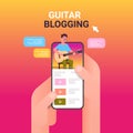 Hands using smartphone with musical blogger on screen man playing guitar live streaming blogging concept portrait online