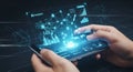 Hands using smartphone to display abstract network visualization on a premium management platform. Royalty Free Stock Photo