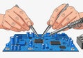 Hands are using tweezers and a soldering iron to work on a blue printed circuit board (PCB). The Royalty Free Stock Photo