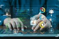 hands using typing keyboard with creative binary coding hologram on blurry background. Software programming code. Technology, Royalty Free Stock Photo