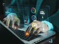 hands using typing keyboard with creative binary coding hologram on blurry background. Software programming code. Royalty Free Stock Photo