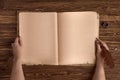 Hands with vintage quill pen, ink and old book on wooden background