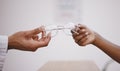 Hands, vision or glasses with an optometrist and customer in an eyewear store closeup for prescription lenses